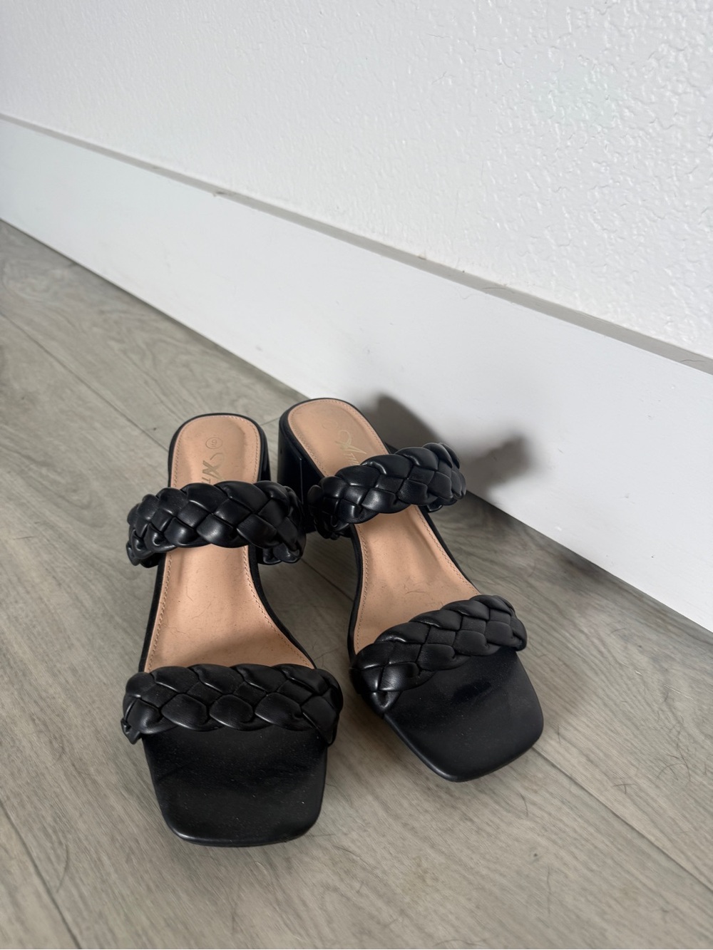 Braided Double-Strap Black Block Heel Sandals for Women